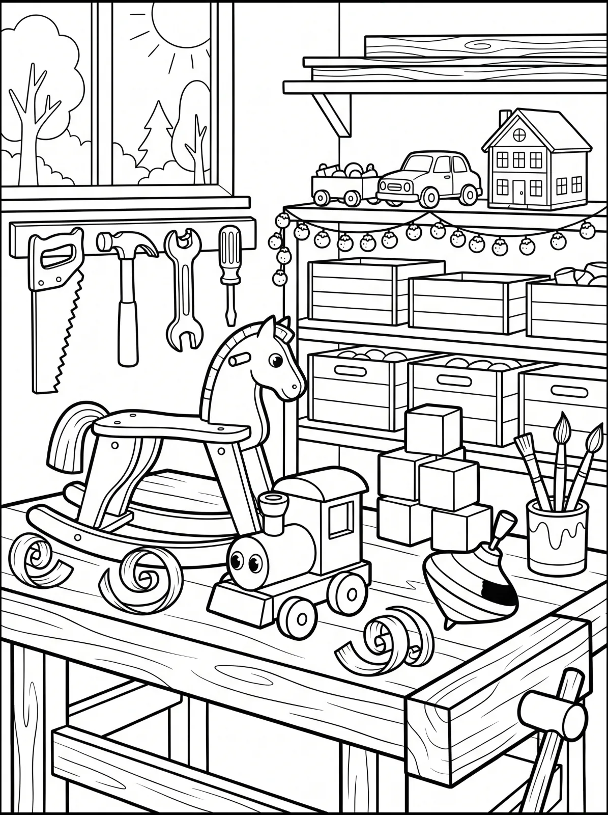 A toy workshop with a rocking horse, train, blocks, spinning top, paintbrushes, hanging tools and shelves lined with crates and toys.