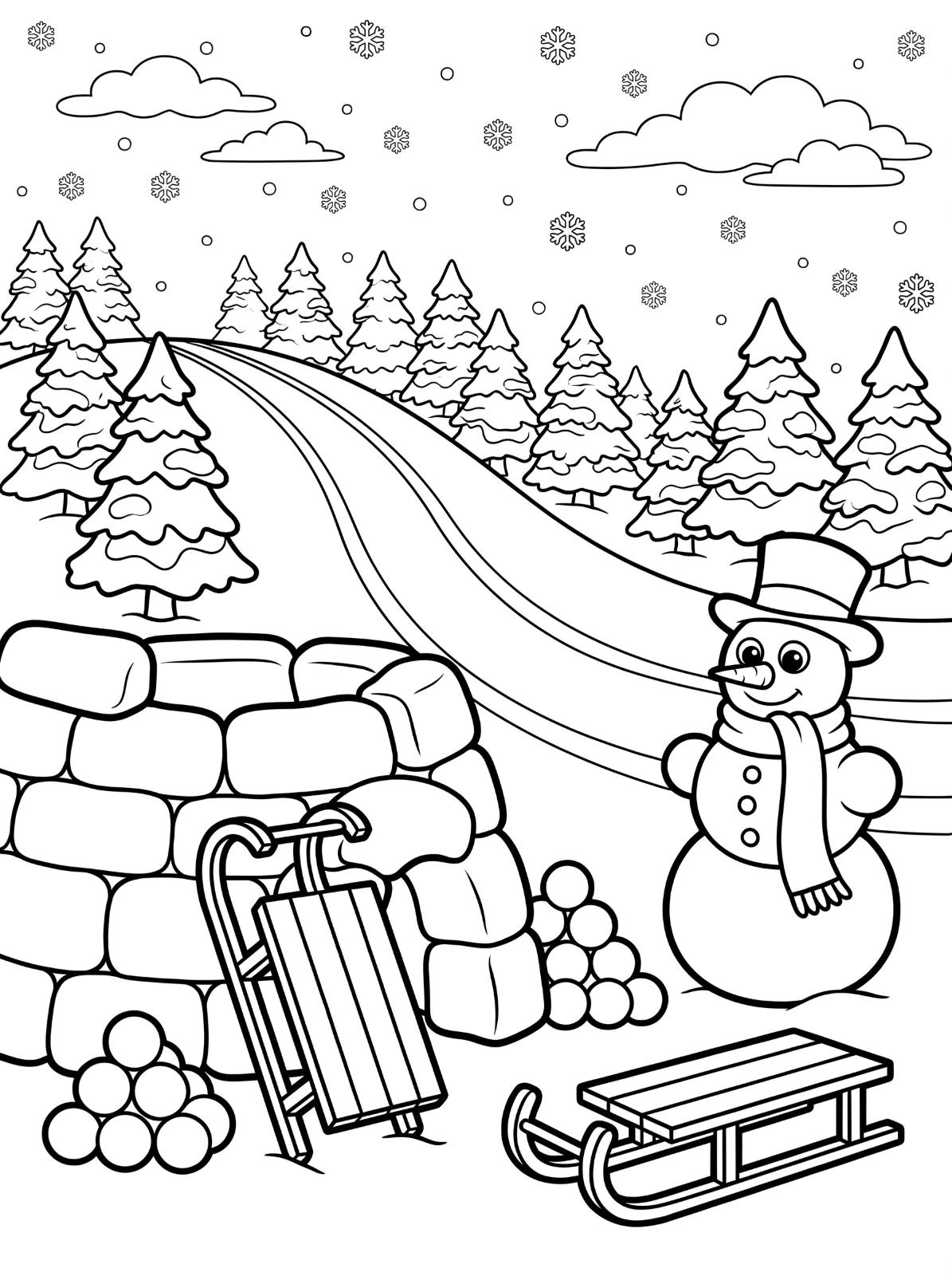 A smiling snowman in a top hat and scarf stands beside two sleds, a snow-block wall, and snowball piles below a hill lined with snowy trees.