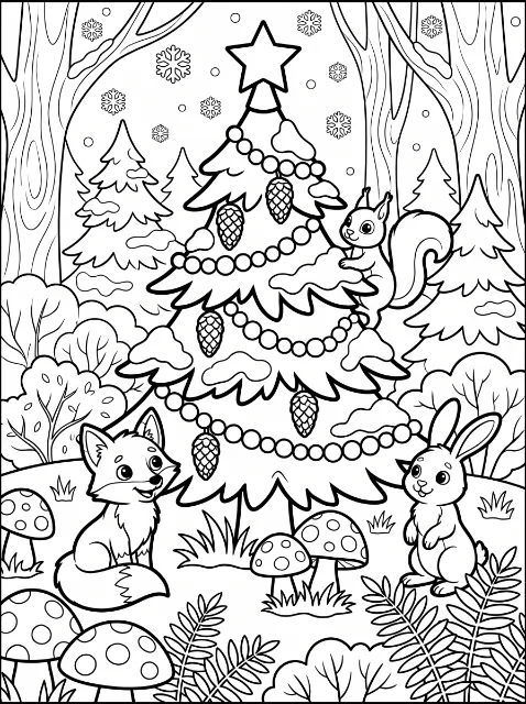 A fox, rabbit and squirrel surround a star-topped Christmas tree with bead garlands and pinecones, amid snowy trees, mushrooms and leafy plants.