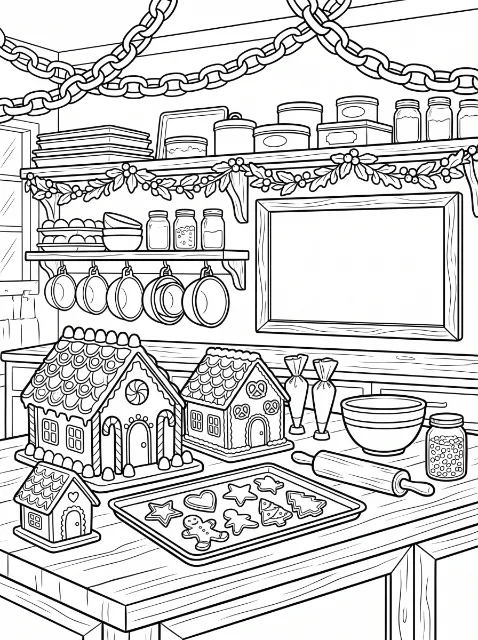 Three gingerbread houses, a cookie tray, baking tools, and jars fill a kitchen decorated with leafy garlands and hanging chains.