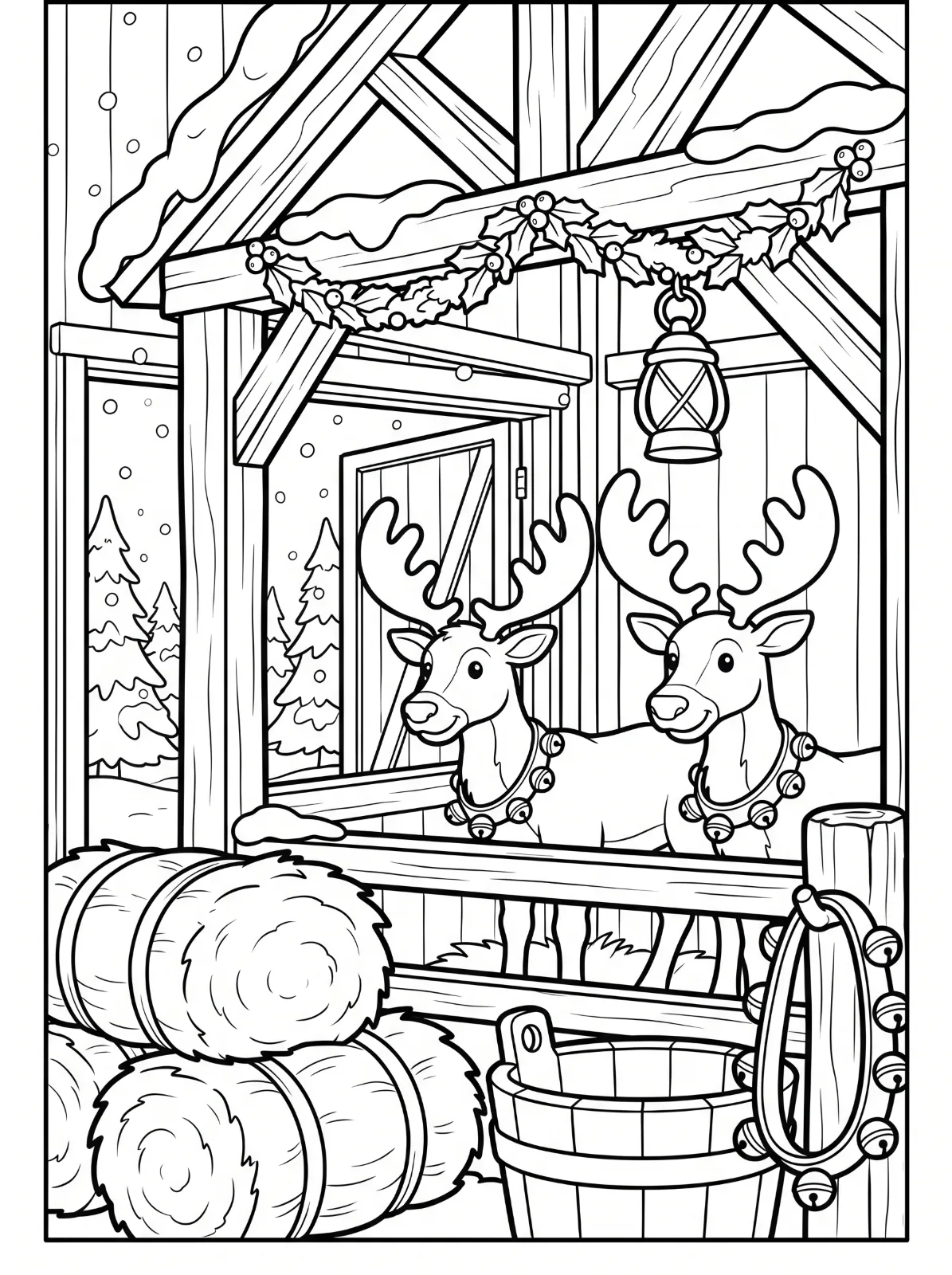 Two reindeer with bell collars stand in a snowy wooden stable decorated with holly, beside hay bales, a bucket, and hanging bells.