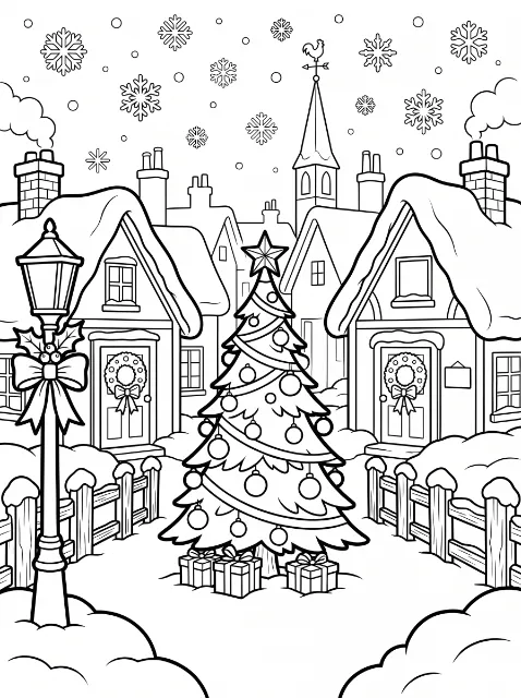 A decorated Christmas tree and gifts stand among snow-covered houses, fences, and a bow-trimmed streetlamp, with snowflakes overhead.