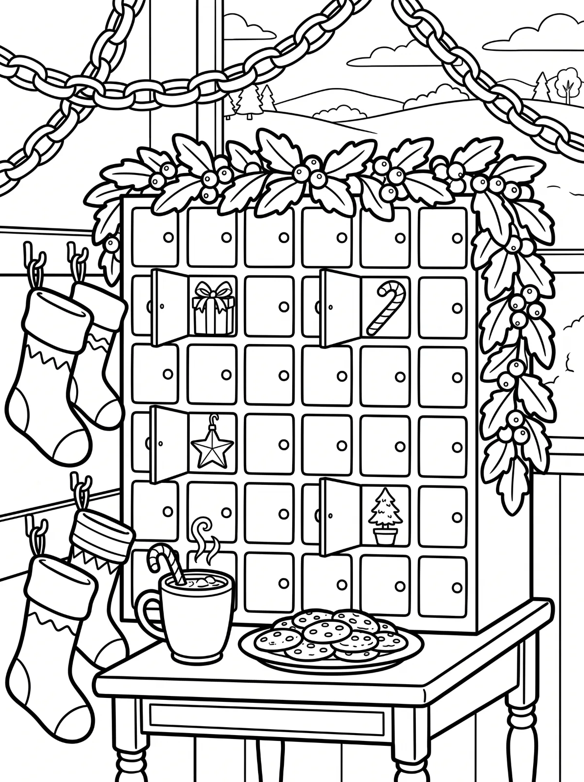 An Advent calendar trimmed with leaves and berries stands on a table with cookies and a steaming mug, beside stockings and beneath paper chains.