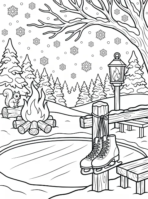 Ice skates hang from a wooden fence beside a frozen pond, with benches, a lantern, a campfire, a squirrel, snowy trees and falling snowflakes.