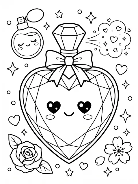 A smiling heart-shaped perfume bottle with a bow and faceted stopper, surrounded by a smaller bottle, flowers, hearts, stars and sparkles.