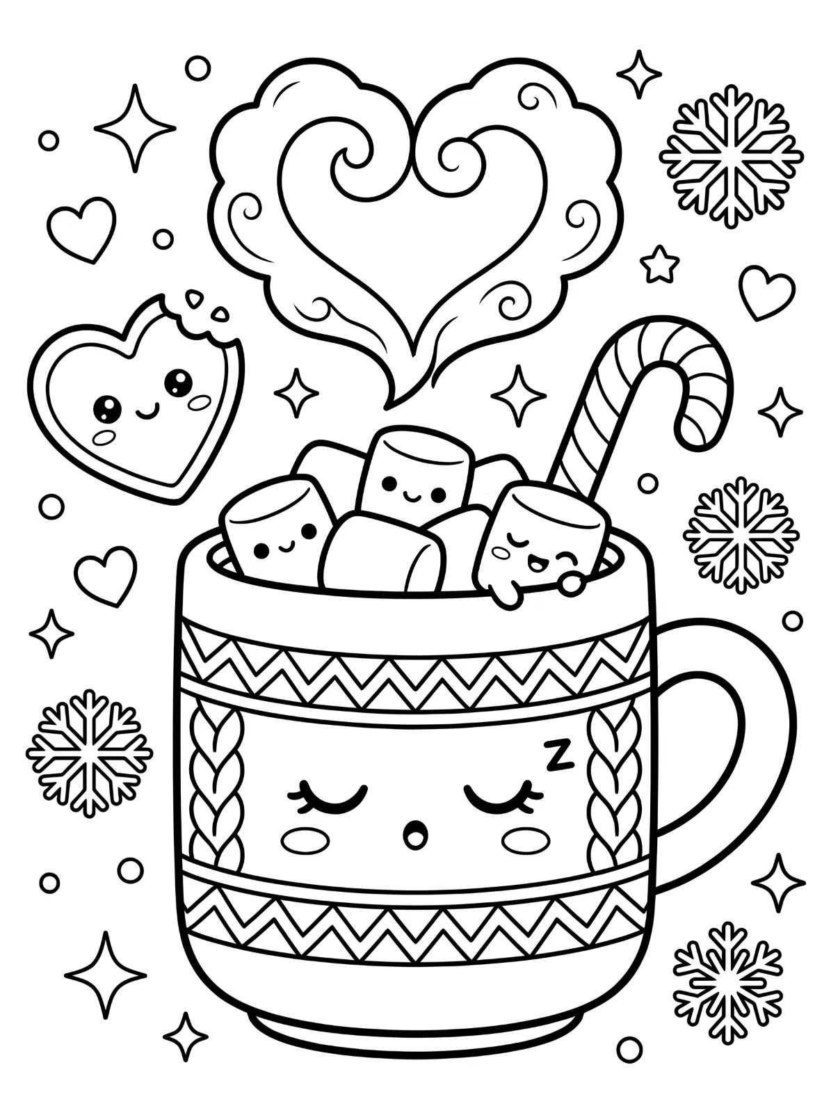 A sleepy patterned mug holds smiling marshmallows and a candy cane under heart-shaped steam, surrounded by snowflakes, hearts, sparkles, and a cookie.