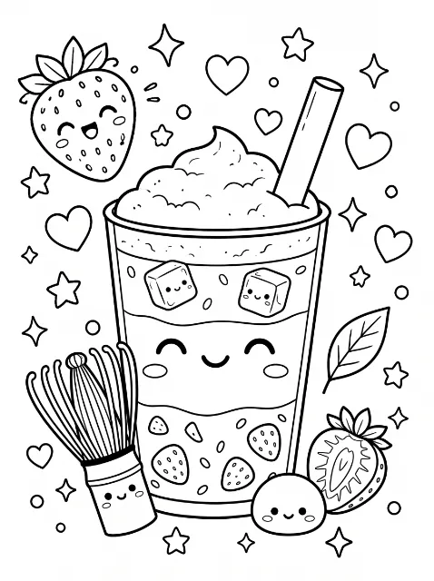 A smiling layered strawberry drink with a straw and fluffy topping, surrounded by fruit, a whisk, cute characters, hearts and stars.