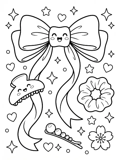 A smiling bow with long tails, a smiling claw clip, a scrunchie, and a beaded hairpin surrounded by hearts, stars, sparkles, circles, and a flower.