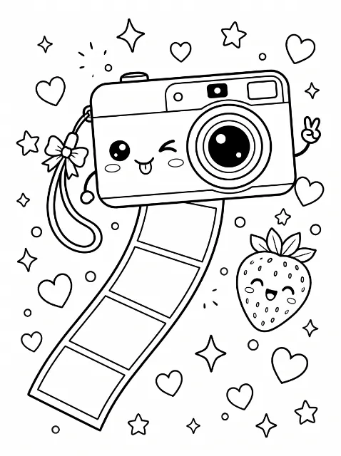 A winking cartoon camera makes a peace sign above a curved picture strip, surrounded by a smiling strawberry, a bow, hearts, stars, and sparkles.