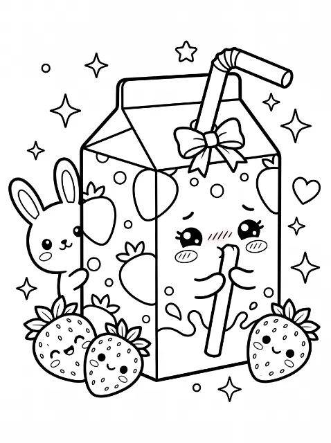 A cute strawberry-patterned carton with a bow-topped straw, a peeking bunny, and three smiling strawberries, surrounded by sparkles and a heart.