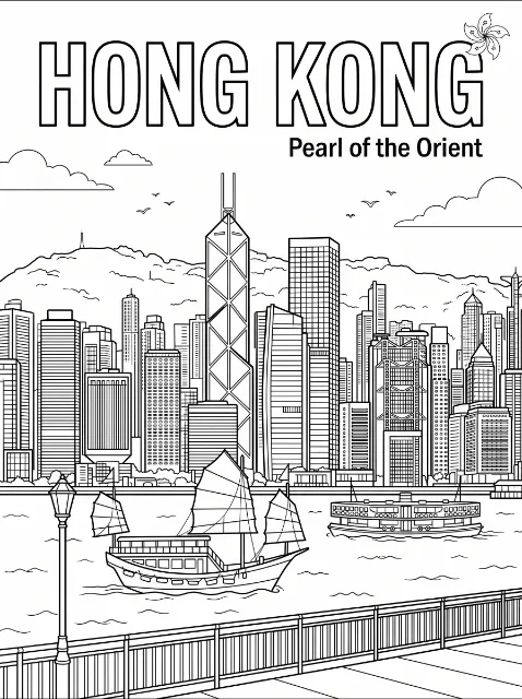 Hong Kong skyline backed by hills, with a sailboat, ferry, waterfront railing, lamp post, birds, clouds, and large lettering above.
