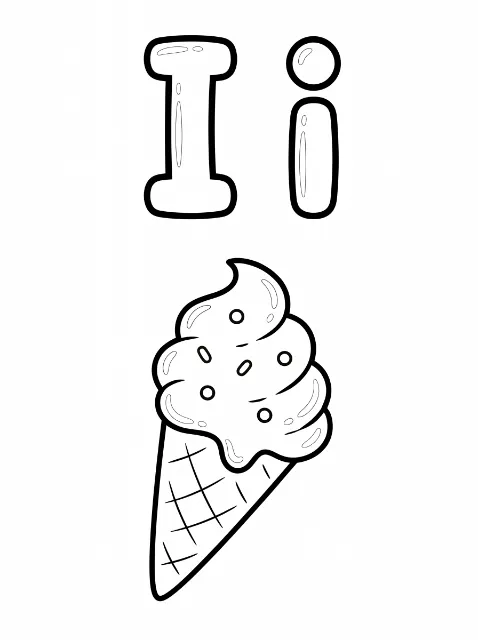 Uppercase I and lowercase i in bubble lettering above a tilted cone of swirled ice cream with sprinkles and a crisscross cone pattern.