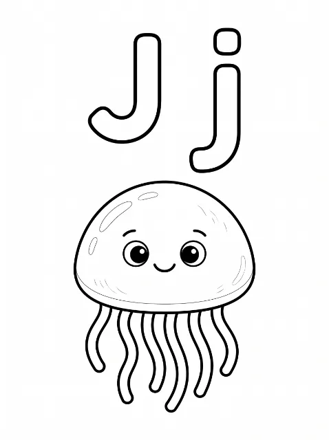 Uppercase J and lowercase j above a smiling cartoon jellyfish with large eyes, a rounded body, and wavy tentacles.