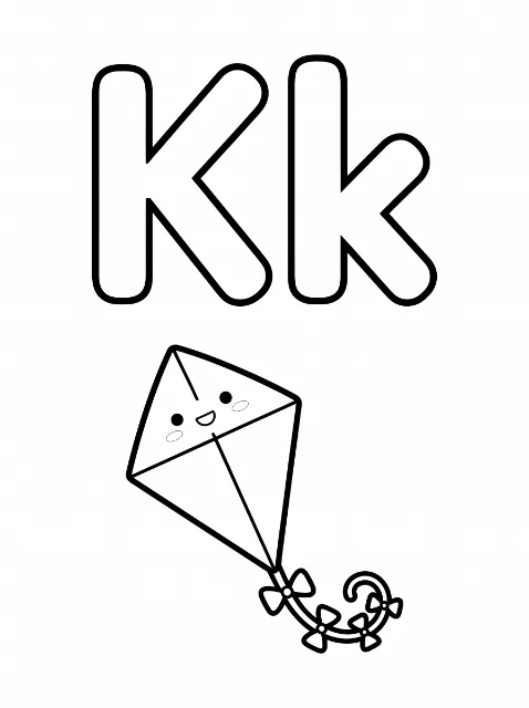 Uppercase K and lowercase k above a smiling diamond-shaped kite with oval cheeks and four bows on its curved tail.