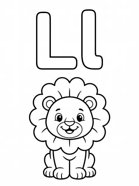 Uppercase L and lowercase l appear above a smiling seated cartoon lion with a scalloped mane, round ears, and rounded paws.