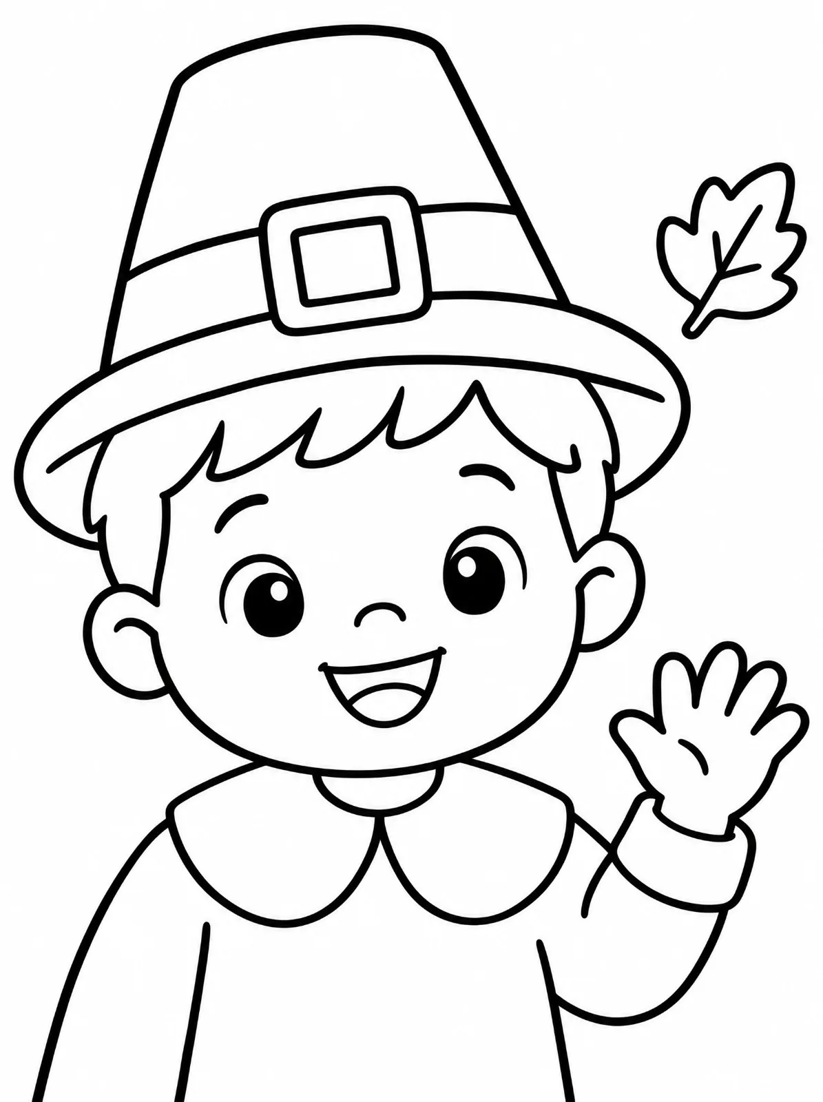 A smiling cartoon child in a tall buckled hat and broad-collared shirt raises one hand in a wave, with a single leaf beside the hat.