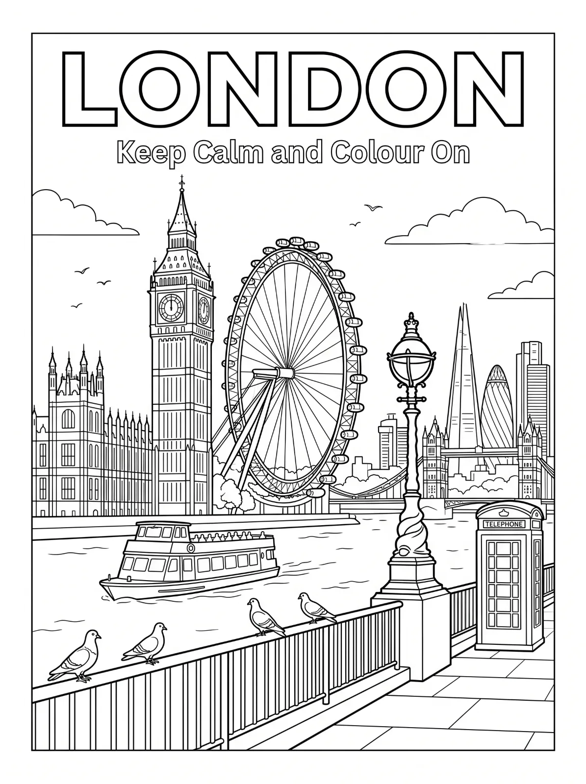 London riverside drawing with a clock tower, observation wheel, bridge, boat, pigeons, streetlamp and telephone box beneath outlined lettering.