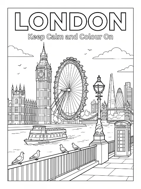 London riverside drawing with a clock tower, observation wheel, bridge, boat, pigeons, streetlamp and telephone box beneath outlined lettering.