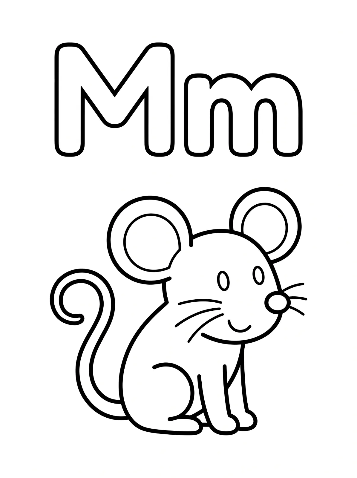 Uppercase M and lowercase m appear above a smiling seated mouse with large round ears, whiskers, small paws, and a curled tail.