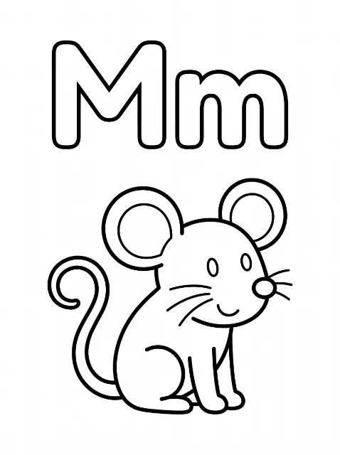 Uppercase M and lowercase m appear above a smiling seated mouse with large round ears, whiskers, small paws, and a curled tail.