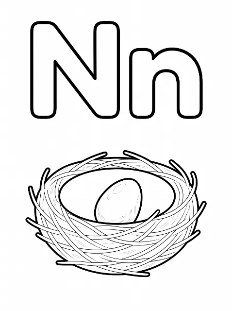 Uppercase N and lowercase n in bold outlines sit above a round twig nest containing one egg.
