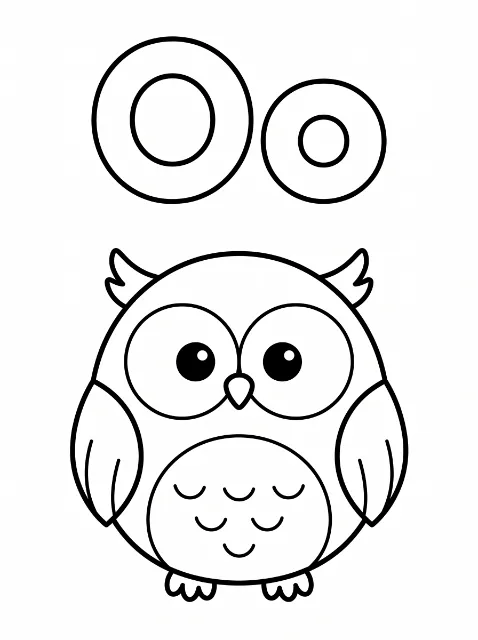Uppercase O and lowercase o appear above a round cartoon owl with large eyes, ear tufts, wings, small feet, and curved belly feather marks.