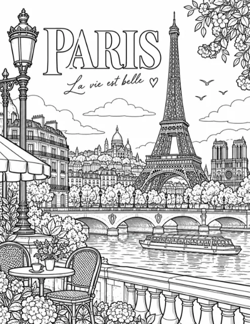 Paris skyline with the Eiffel Tower, cathedral, arched bridge and riverboat, framed by café seating, flowers and an ornate streetlamp.