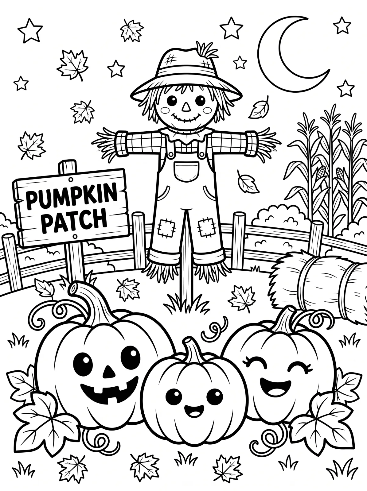 Three smiling pumpkins sit before a scarecrow, a Pumpkin Patch sign, a fence, corn and hay, with scattered leaves, stars and a crescent moon.