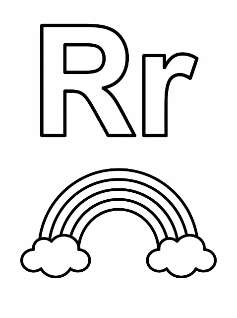 Outlined uppercase R and lowercase r sit above a rainbow with a fluffy cloud at each end.