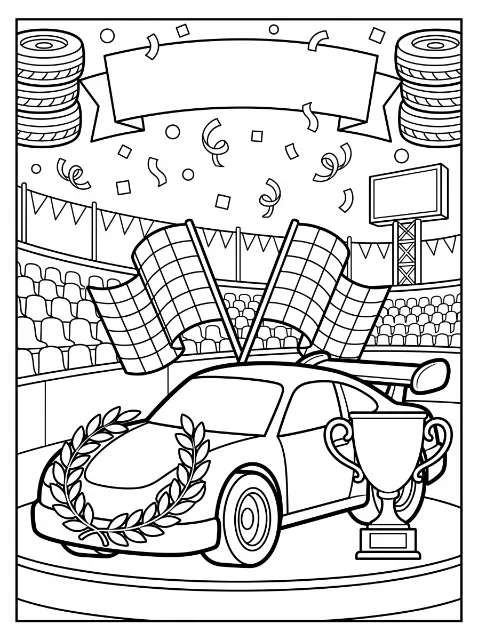Race car crossing the finish line coloring page