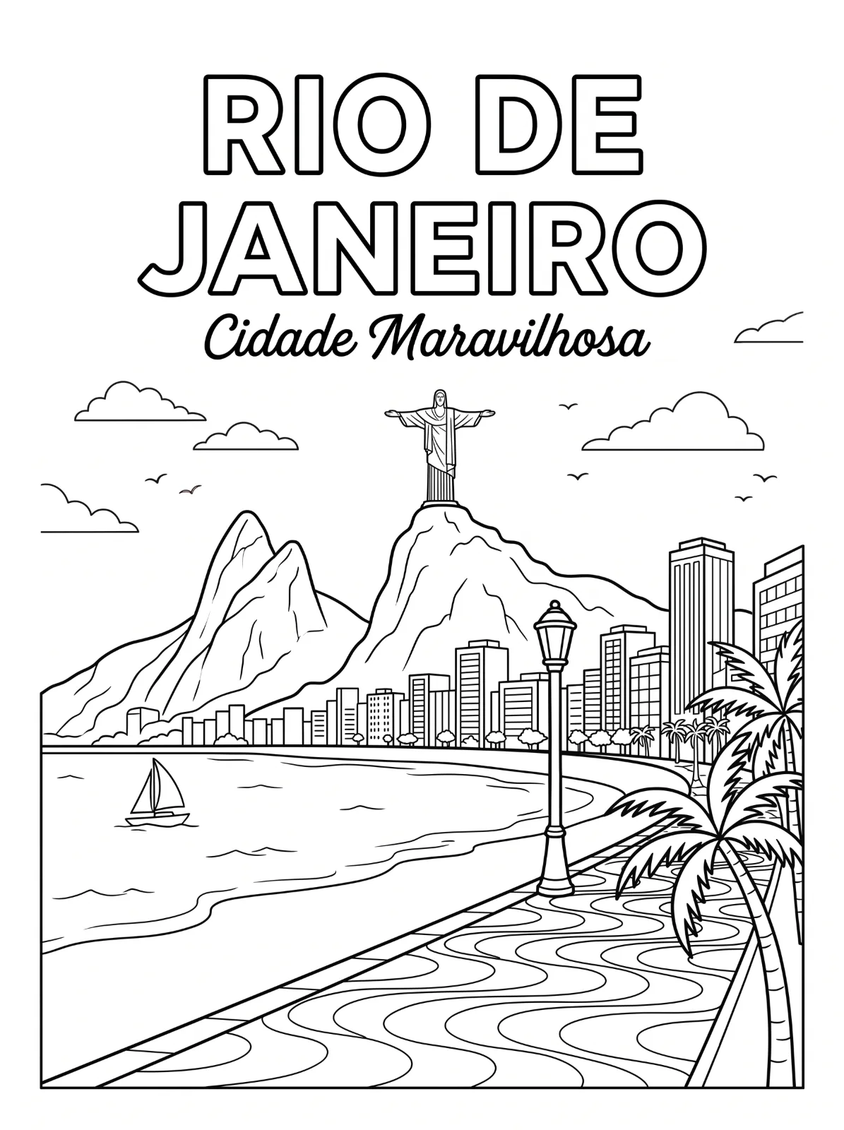 Rio de Janeiro lettering above a mountain-top statue, waterfront buildings, a sailboat, palms, and a streetlamp beside a wave-patterned promenade.