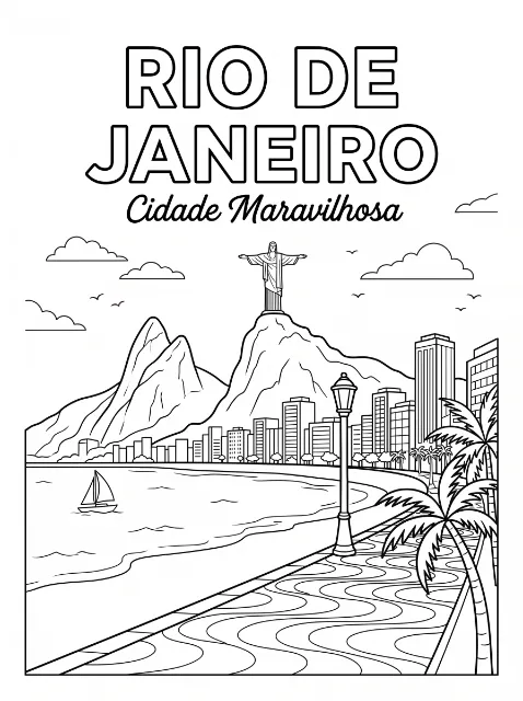 Rio de Janeiro lettering above a mountain-top statue, waterfront buildings, a sailboat, palms, and a streetlamp beside a wave-patterned promenade.
