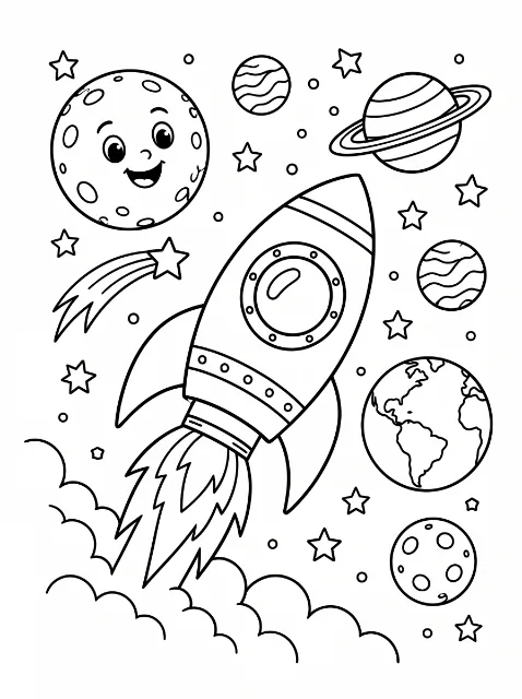 Rocket launching into space with planets and stars coloring page
