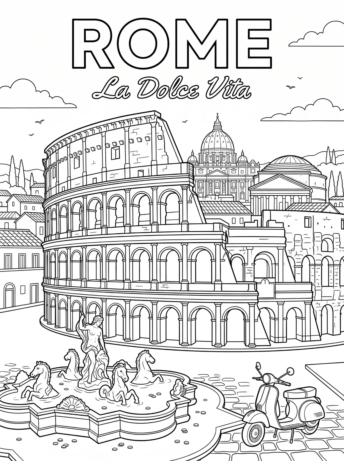 Rome landmarks with the Colosseum, domed buildings, a sculpted fountain, and a scooter beneath clouds and the words “Rome” and “La Dolce Vita.”