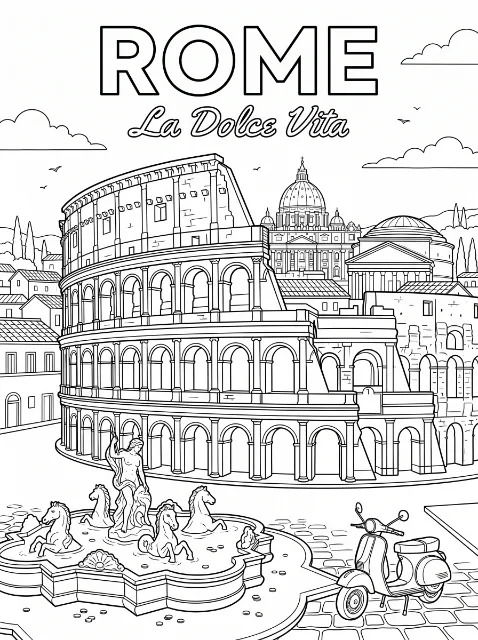 Rome landmarks with the Colosseum, domed buildings, a sculpted fountain, and a scooter beneath clouds and the words “Rome” and “La Dolce Vita.”
