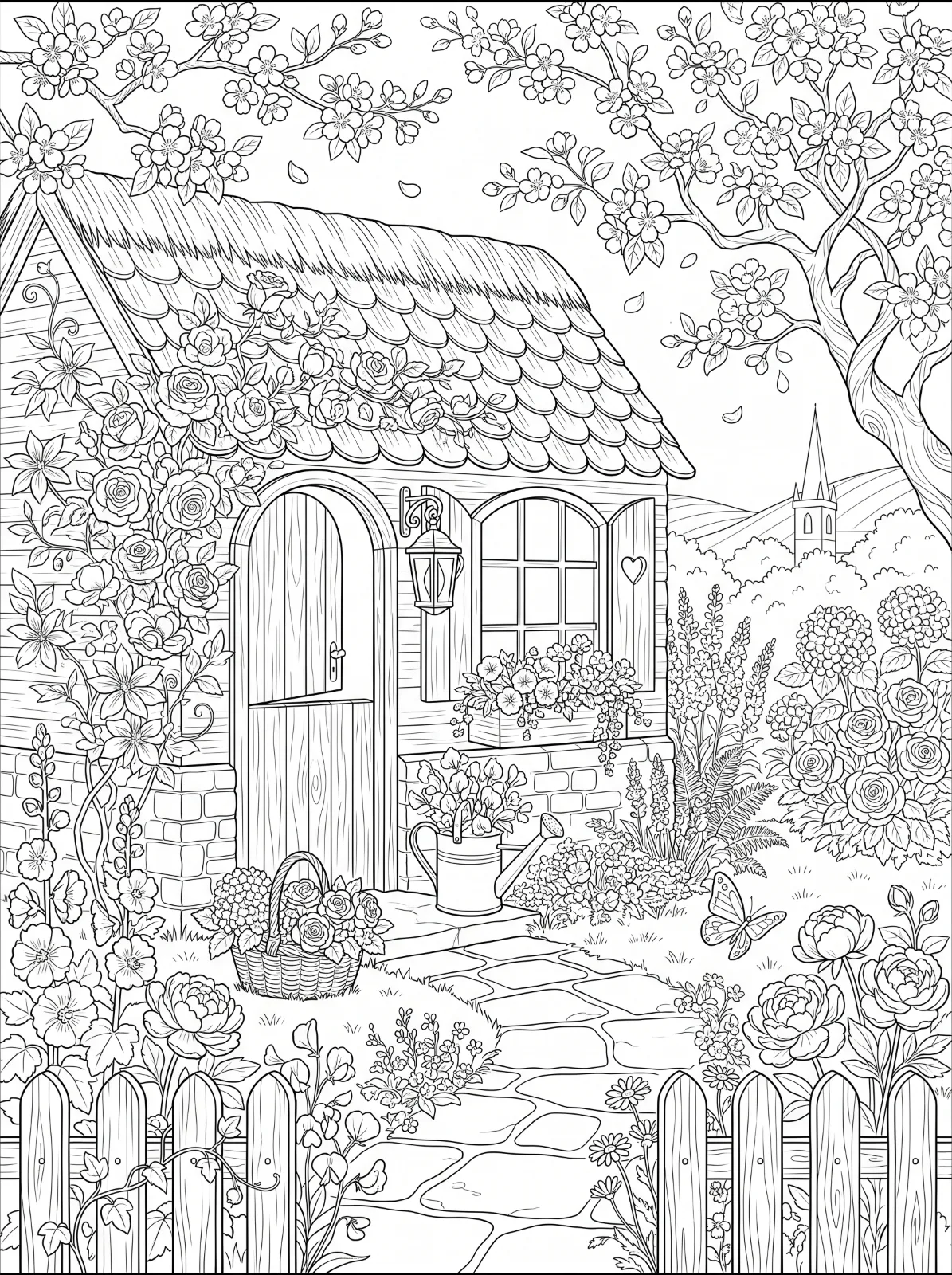 A rose-covered cottage with an arched door, flower box and lantern overlooks a stone path, picket fence, flower beds and butterfly.