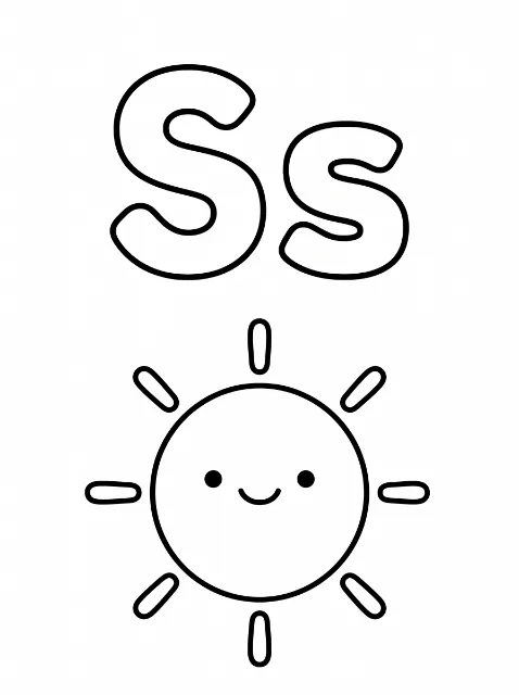 An outlined uppercase S and lowercase s sit above a round, smiling sun with two dot eyes and eight rounded rays.