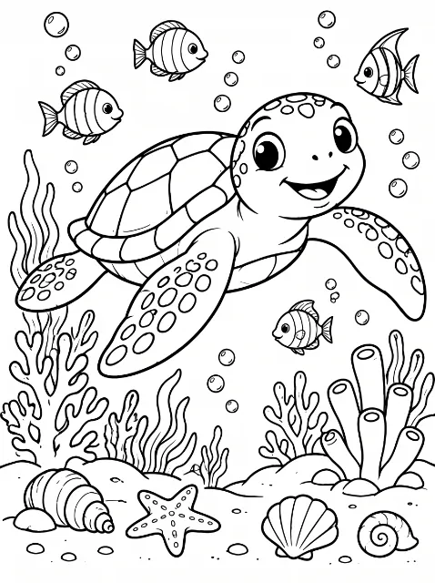 Sea turtle swimming over a coral reef with fish coloring page