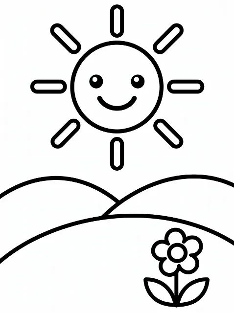 Smiling sun above hills easy coloring page for toddlers