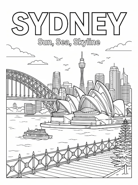 Sydney harbour with the Opera House, an arched bridge, towers, a boat, birds and a waterfront walkway beneath large Sydney lettering.