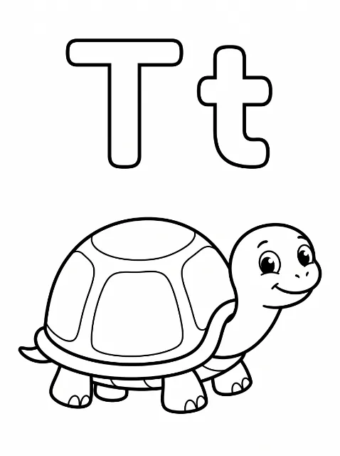 Uppercase T and lowercase t above a smiling cartoon turtle with a segmented shell, four feet, and a small tail.