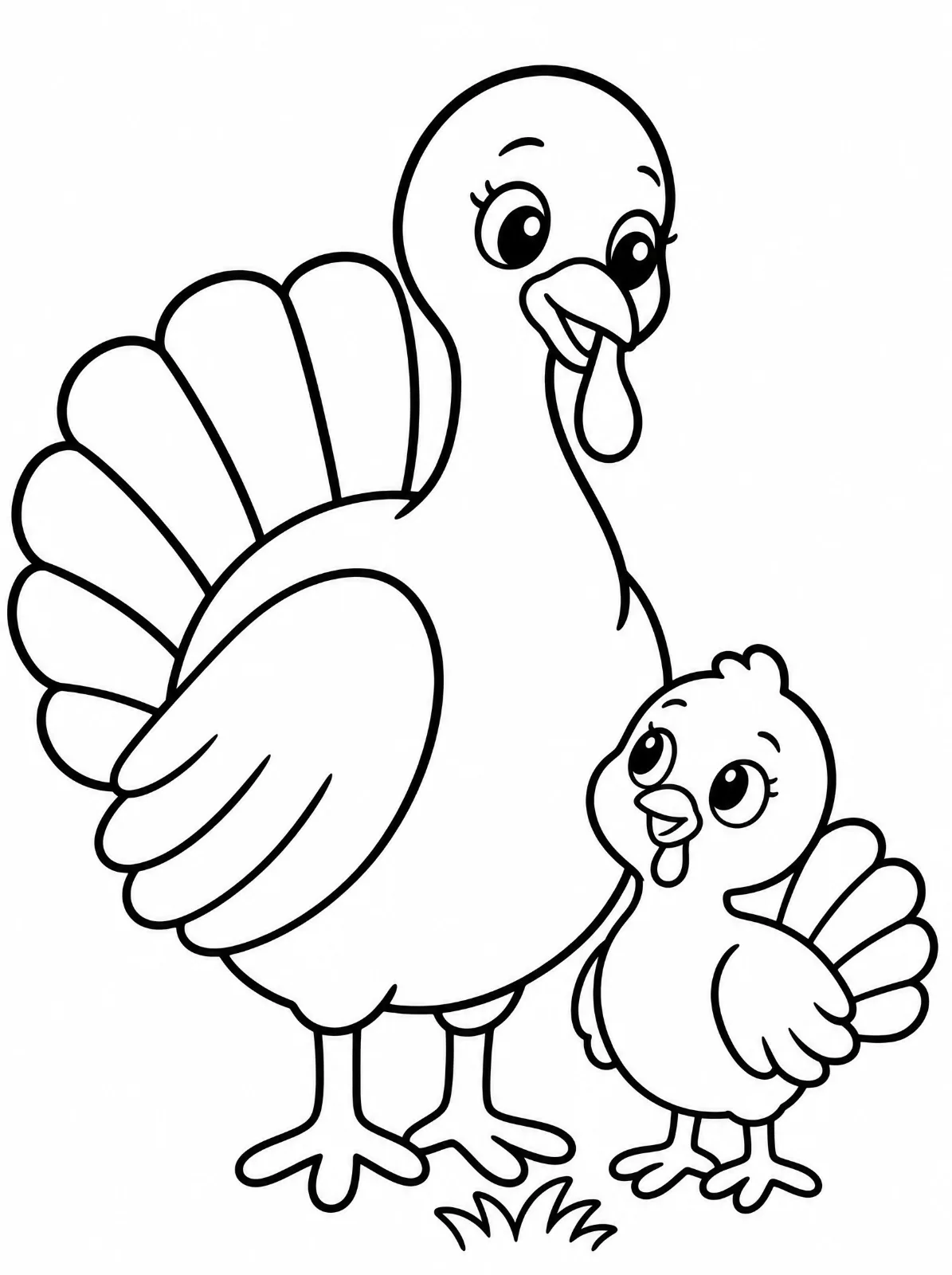 A large smiling cartoon turkey stands beside a smaller turkey with spread tail feathers and a tuft of grass near their feet.