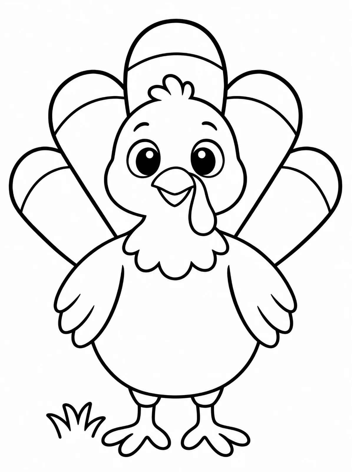 A cheerful cartoon turkey with big eyes, an open beak, rounded wings, and five fanned tail feathers stands beside a tuft of grass.