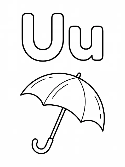 Outlined uppercase U and lowercase u above an open umbrella with three canopy sections, a slanted shaft, and a curved handle.
