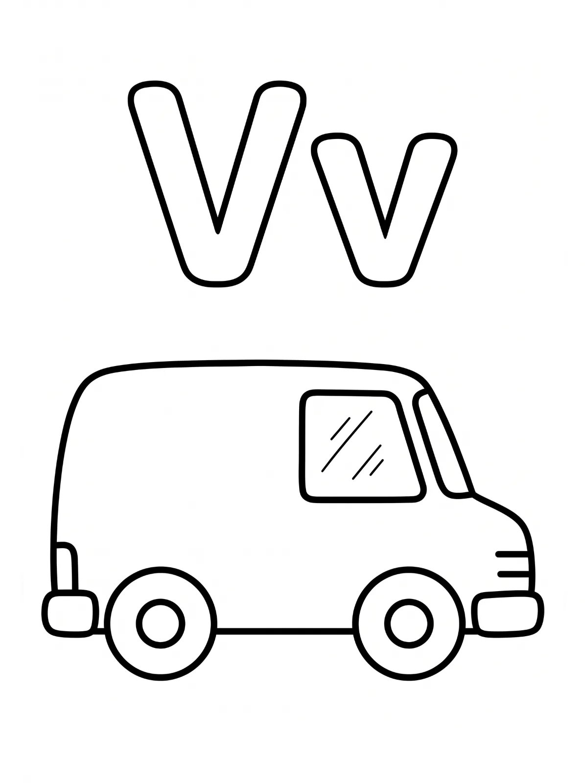 Uppercase V and lowercase v above a simple side-view van with two wheels, windows, and bumpers, all inside a rectangular border.