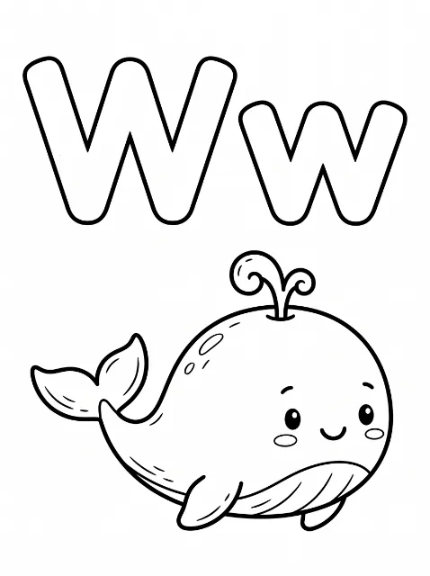 Uppercase W and lowercase w above a smiling cartoon whale with a raised tail, flippers, a lined belly, and a curly water spout.
