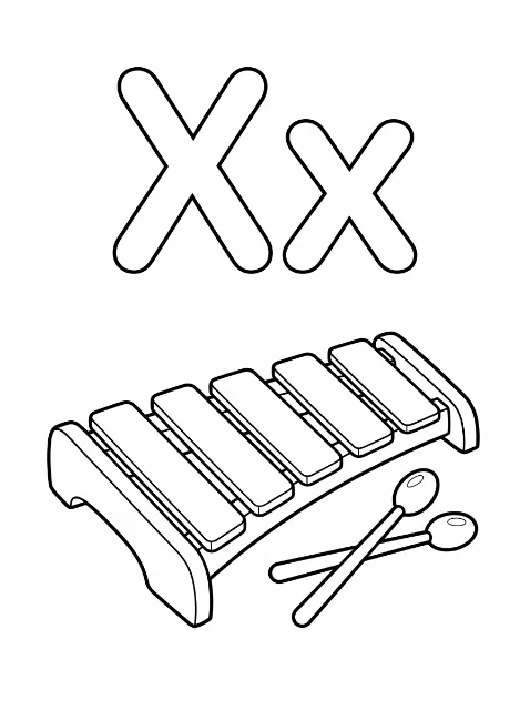 Uppercase X and lowercase x above a five-bar xylophone with two crossed mallets, drawn in bold black outlines.