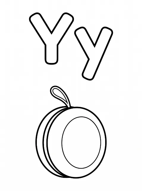 Uppercase Y and lowercase y above a large yo-yo with a looped string, curved side edge, and oval center, all drawn in black outlines.