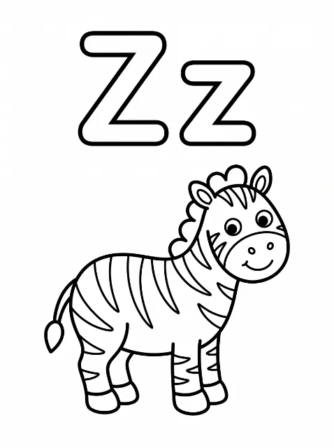Uppercase Z and lowercase z sit above a smiling cartoon zebra with outlined stripes, a curved mane, four legs, and a tufted tail.