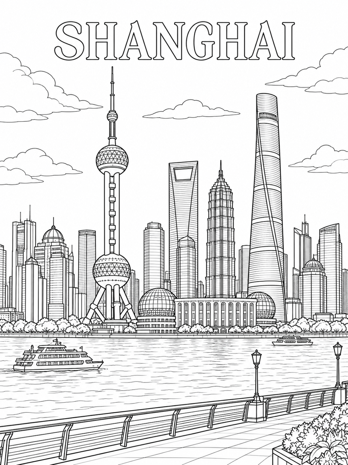 Shanghai Skyline Across the River coloring page